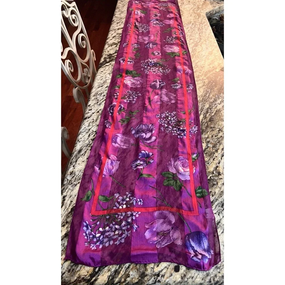 Accessory Street 100% Silk Chiffon Rectangle Scarf Purple Floral Logo Dry Clean